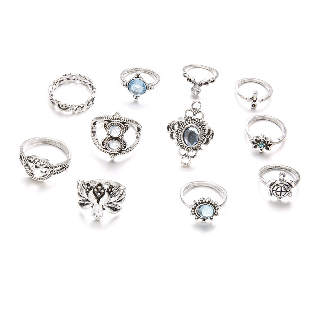 "Turtle, Cross, and Lotus" - Bohemian Ring Set