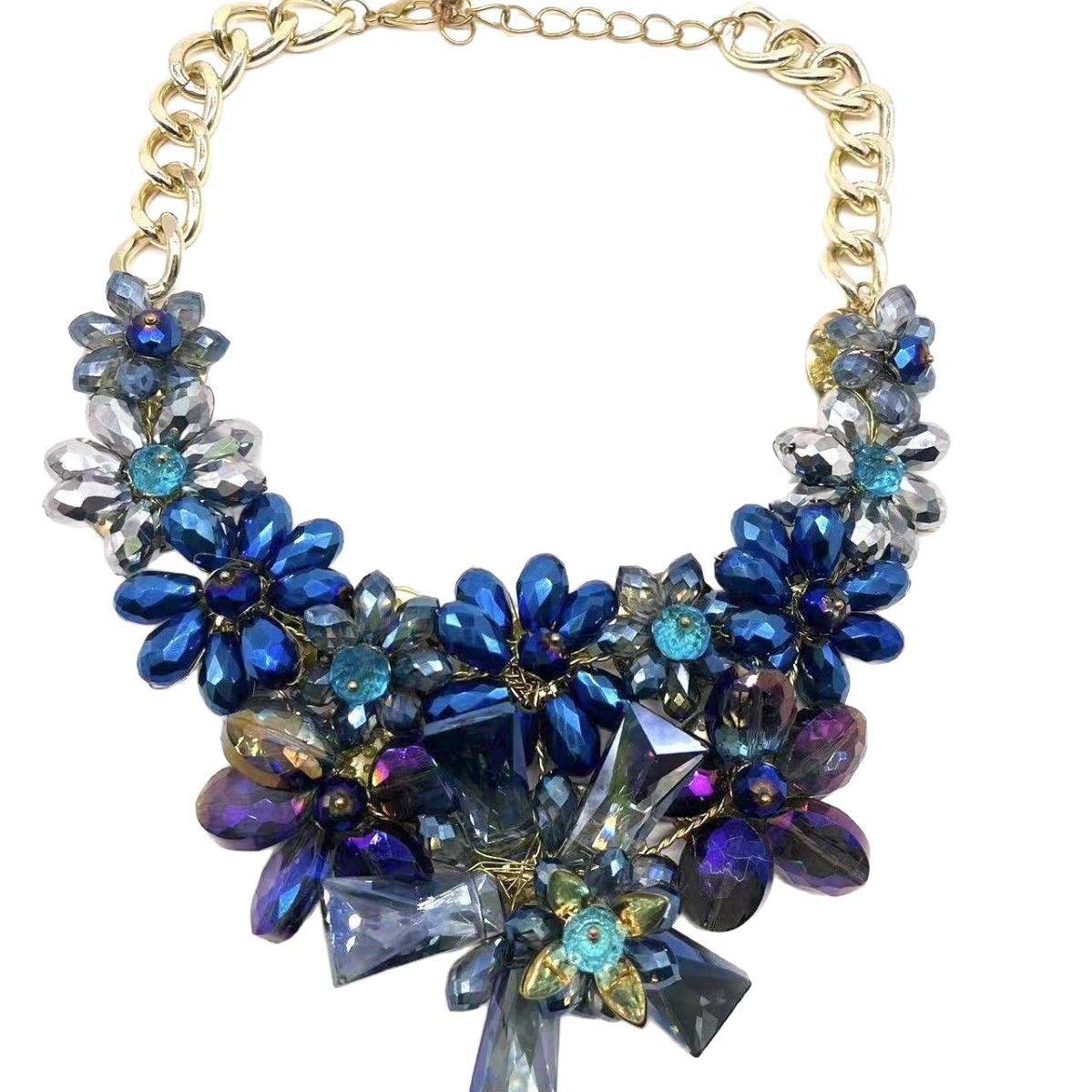 Crystal Blue Glass Floral Statement Necklace