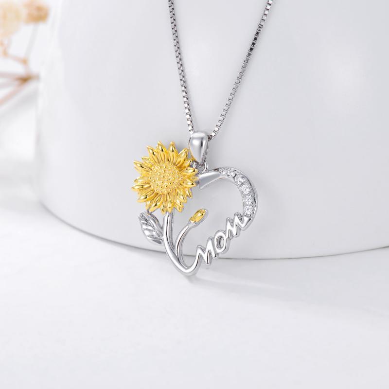 "Mom" - 925 Sterling Silver Sunflower Heart Pendant Necklace