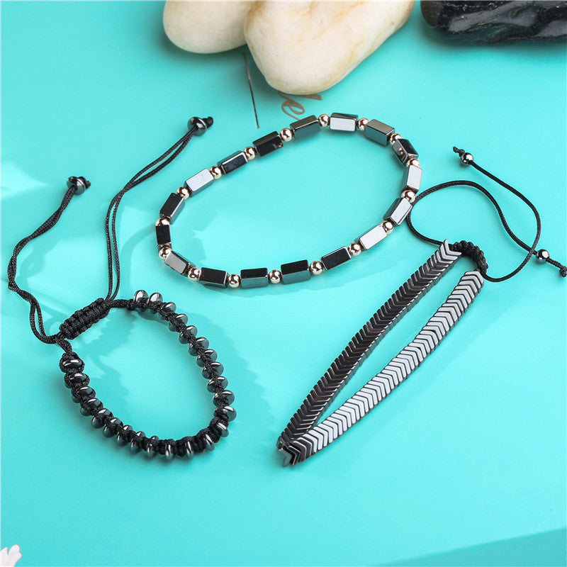 Black Iron Stone Flying Saucer Woven Bracelets - Set of Three