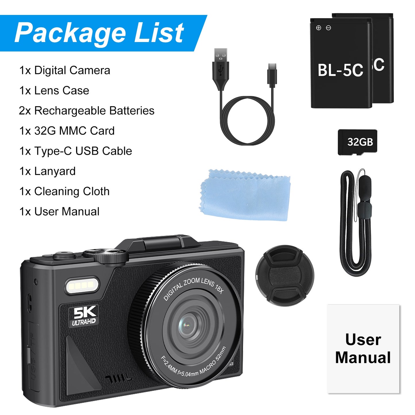 Anti-shake 1Pc 5K 75MP Digital Camera For Photography/Vlogging Video Camera With 9 Shooting Modes 18X Zoom Fill Light Webcam Function 2 Batteries 32G MMC Card 180Degree Flip IPS Screen