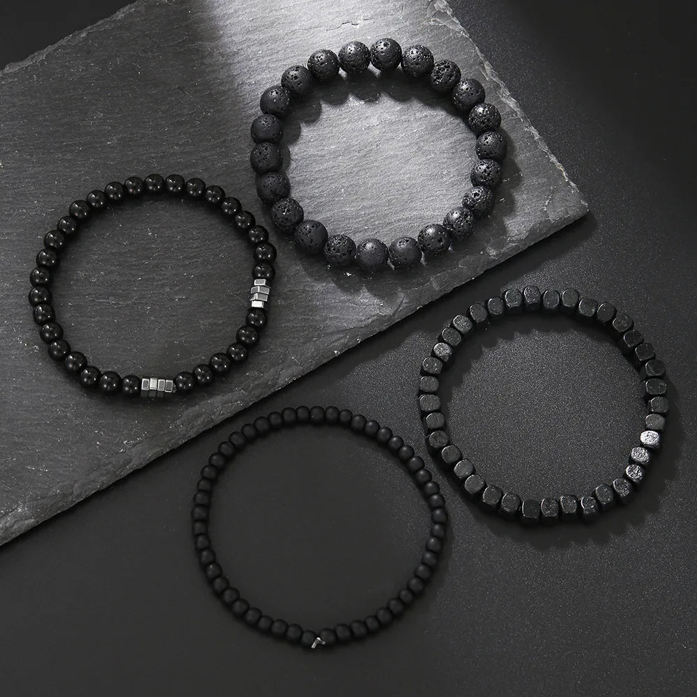 Natural Wooden Volcanic Rock Beaded Bracelet Set