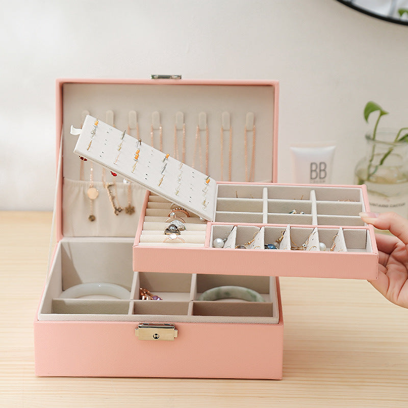 Pink Leather Double-Layered Jewelry Box