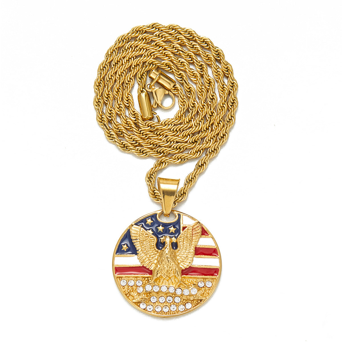Alloy Diamond-Inlaid Painted National Flag Eagle Pendant Necklace