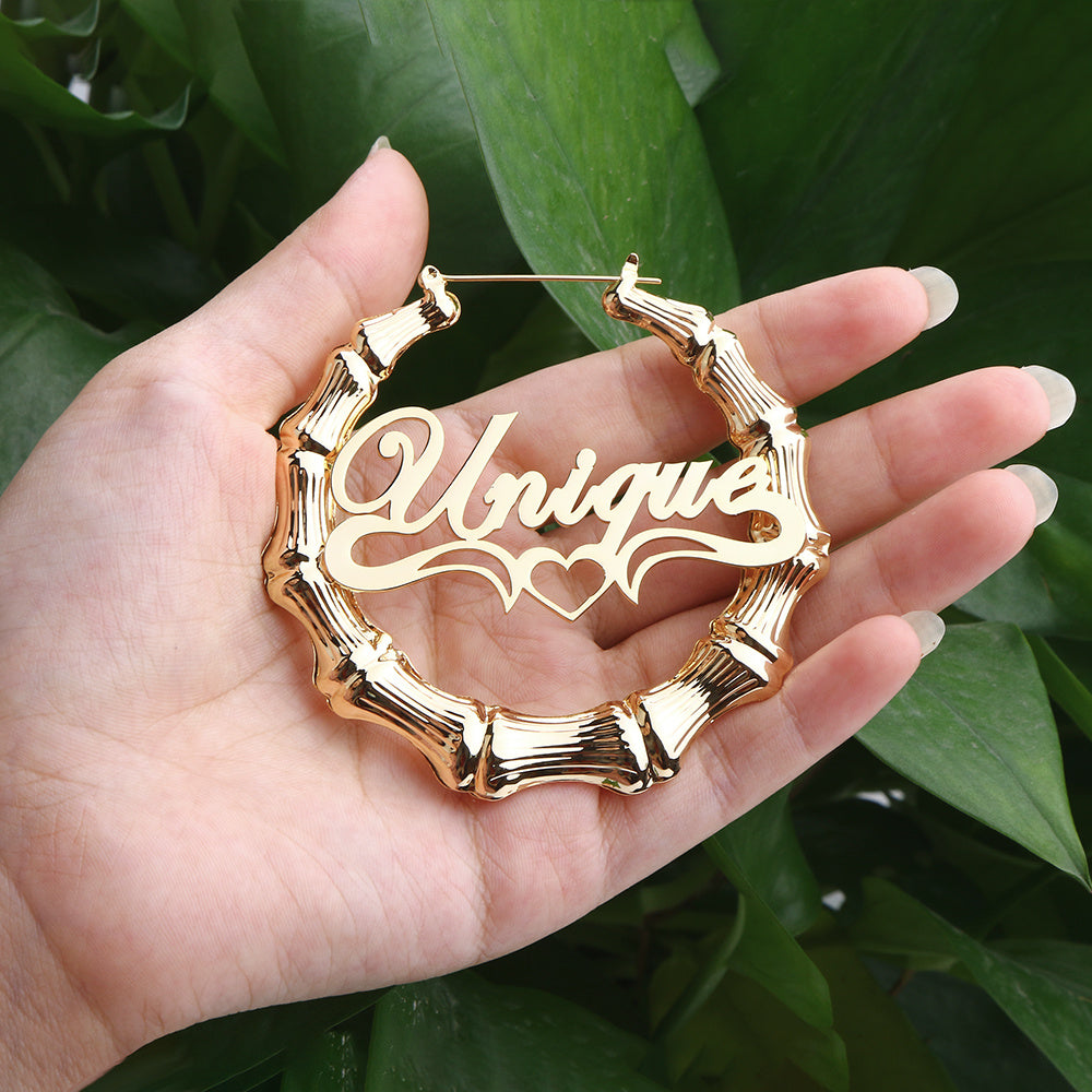 Round Bamboo Custom Name Hoop Earrings