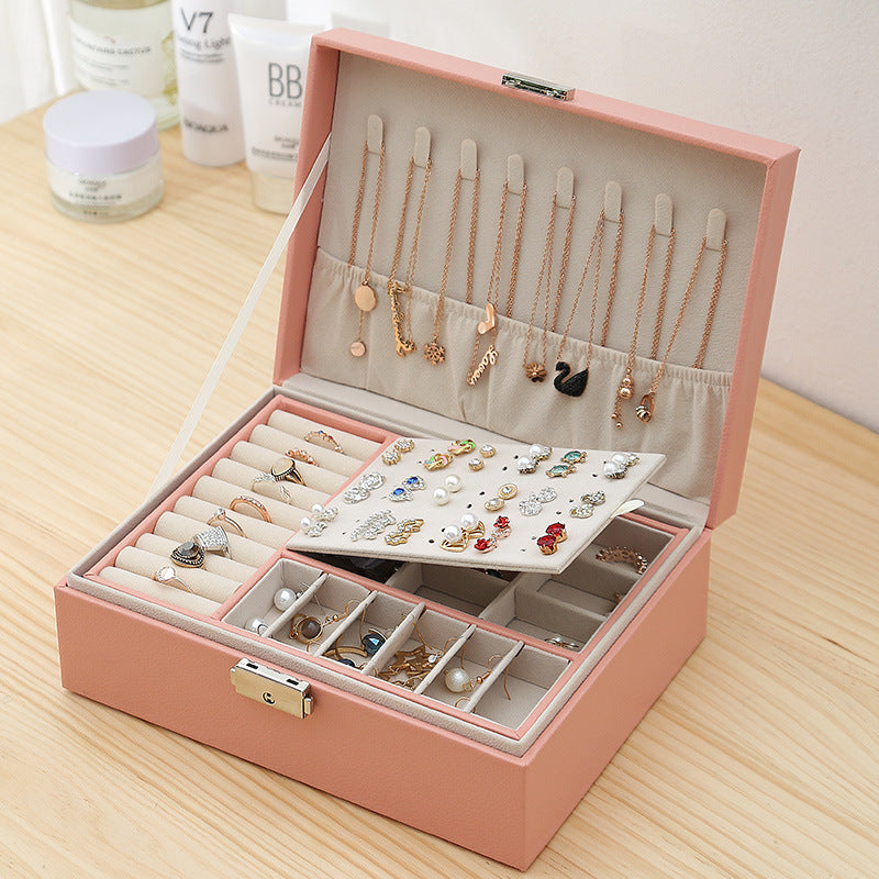 Pink Leather Double-Layered Jewelry Box
