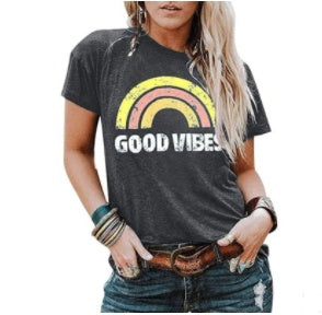 "Good Vibes" - Rainbow Pattern Printed Short-sleeved T-shirts