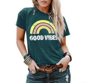 "Good Vibes" - Rainbow Pattern Printed Short-sleeved T-shirts