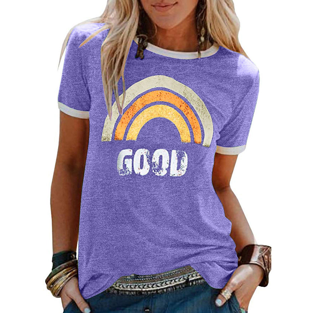 "Good Vibes" - Rainbow Pattern Printed Short-sleeved T-shirts