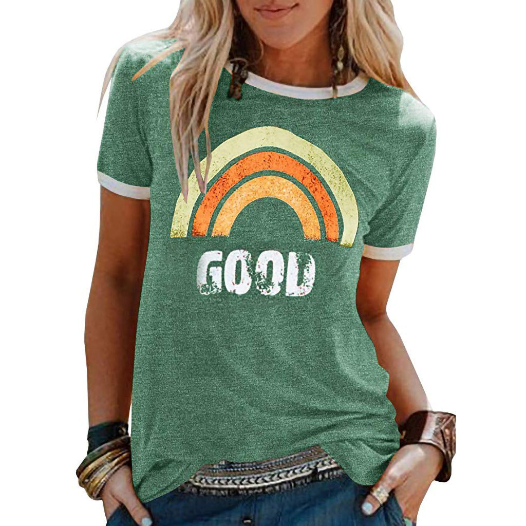 "Good Vibes" - Rainbow Pattern Printed Short-sleeved T-shirts
