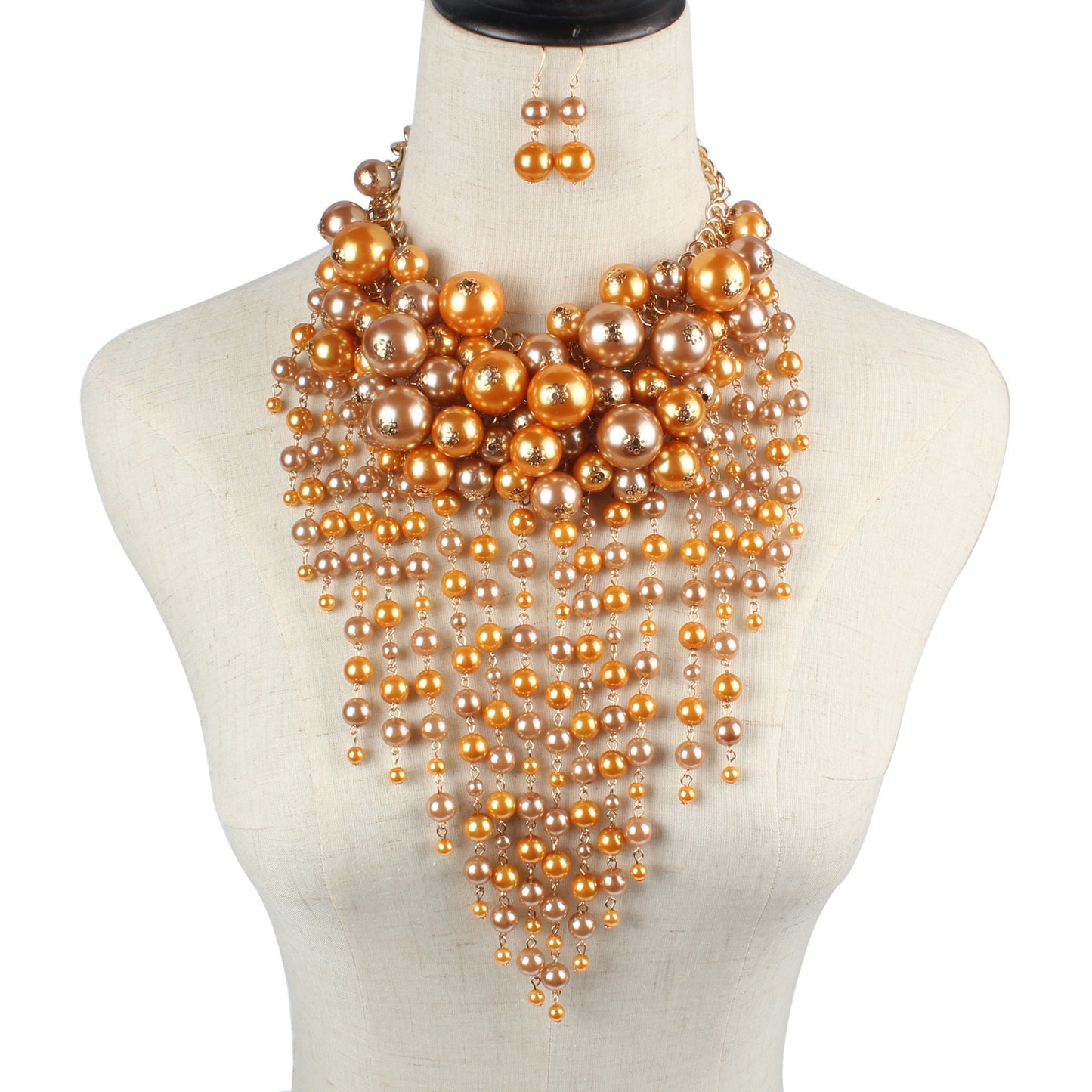 Multi-Layer Imitation Pearl Tassel Statement Necklace and Earrings Set