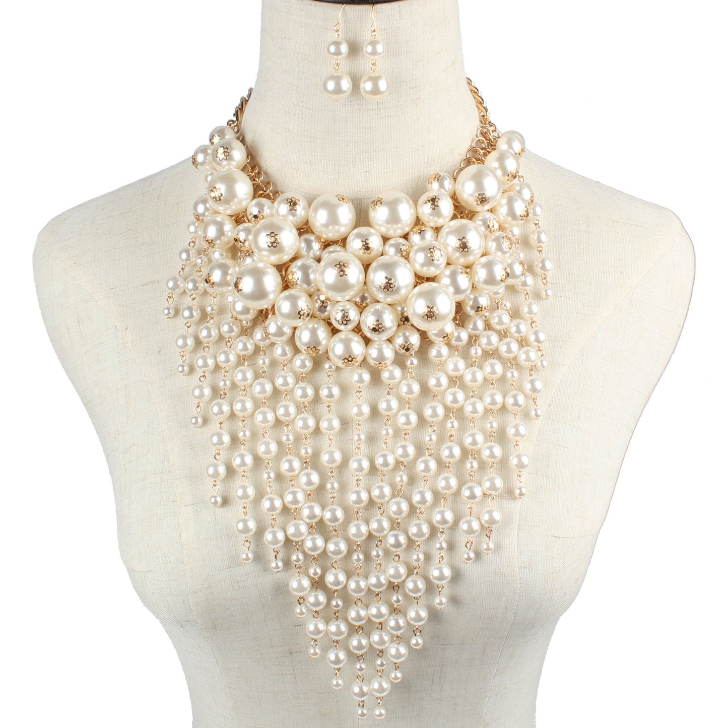 Multi-Layer Imitation Pearl Tassel Statement Necklace and Earrings Set