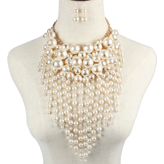 Multi-Layer Imitation Pearl Tassel Statement Necklace and Earrings Set