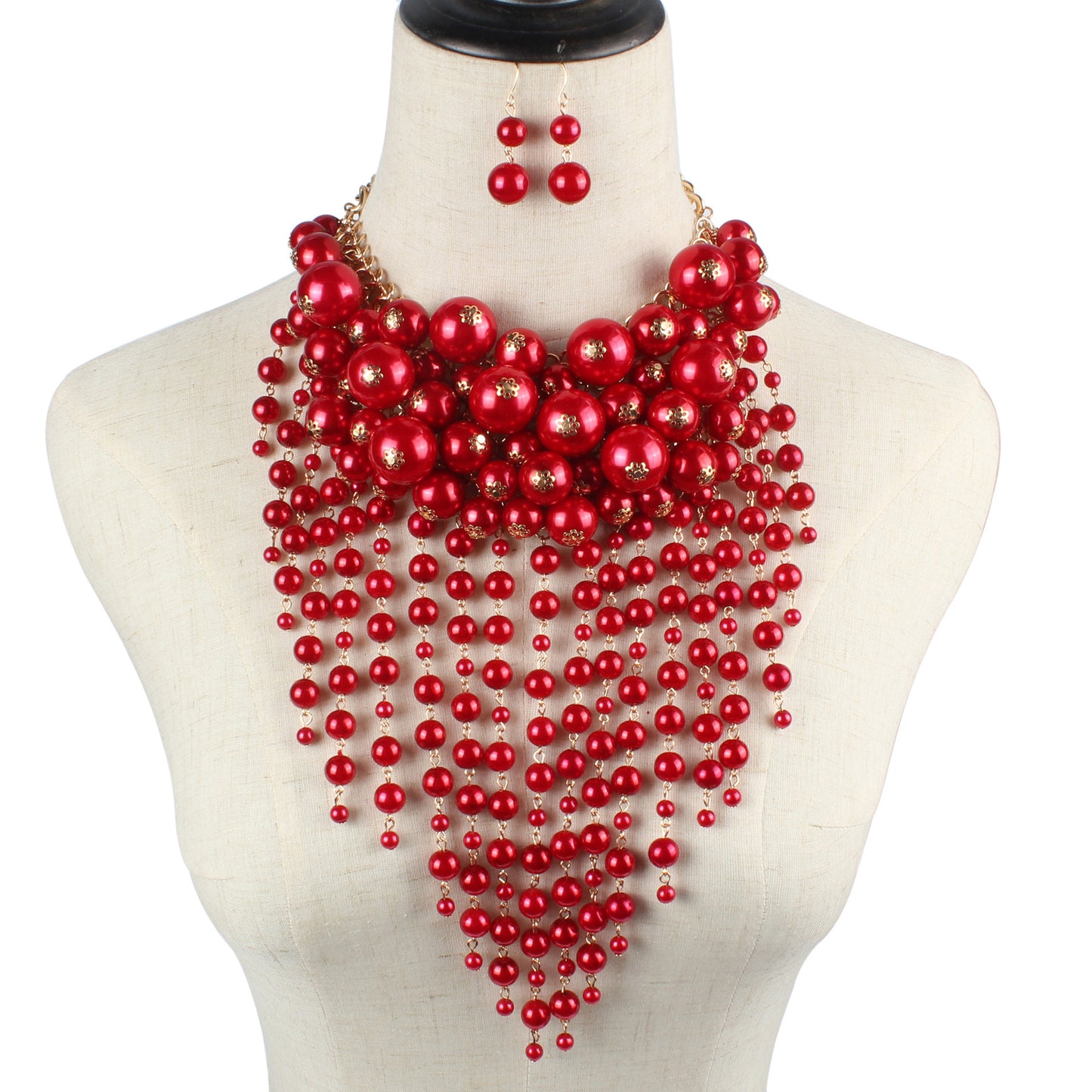 Multi-Layer Imitation Pearl Tassel Statement Necklace and Earrings Set