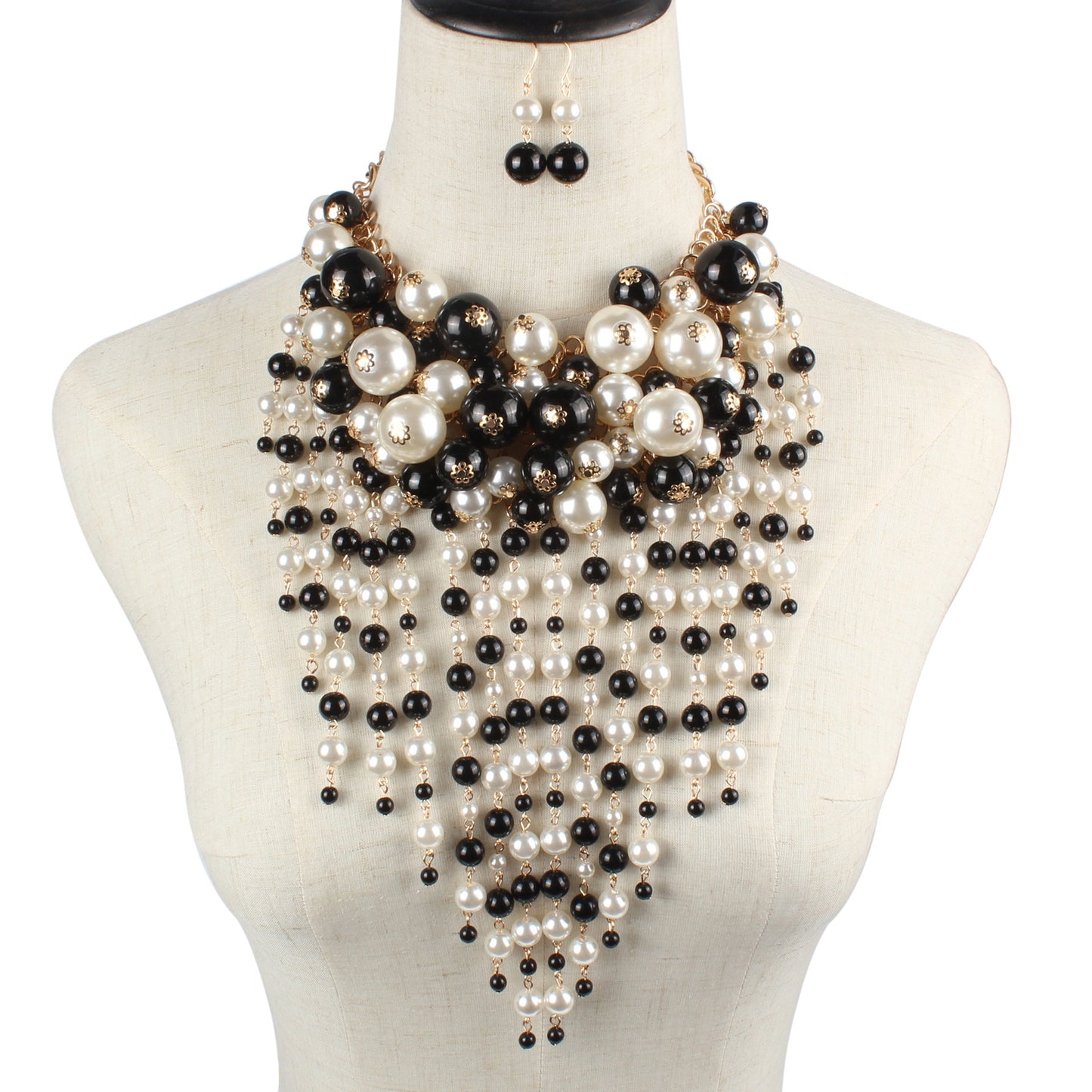 Multi-Layer Imitation Pearl Tassel Statement Necklace and Earrings Set
