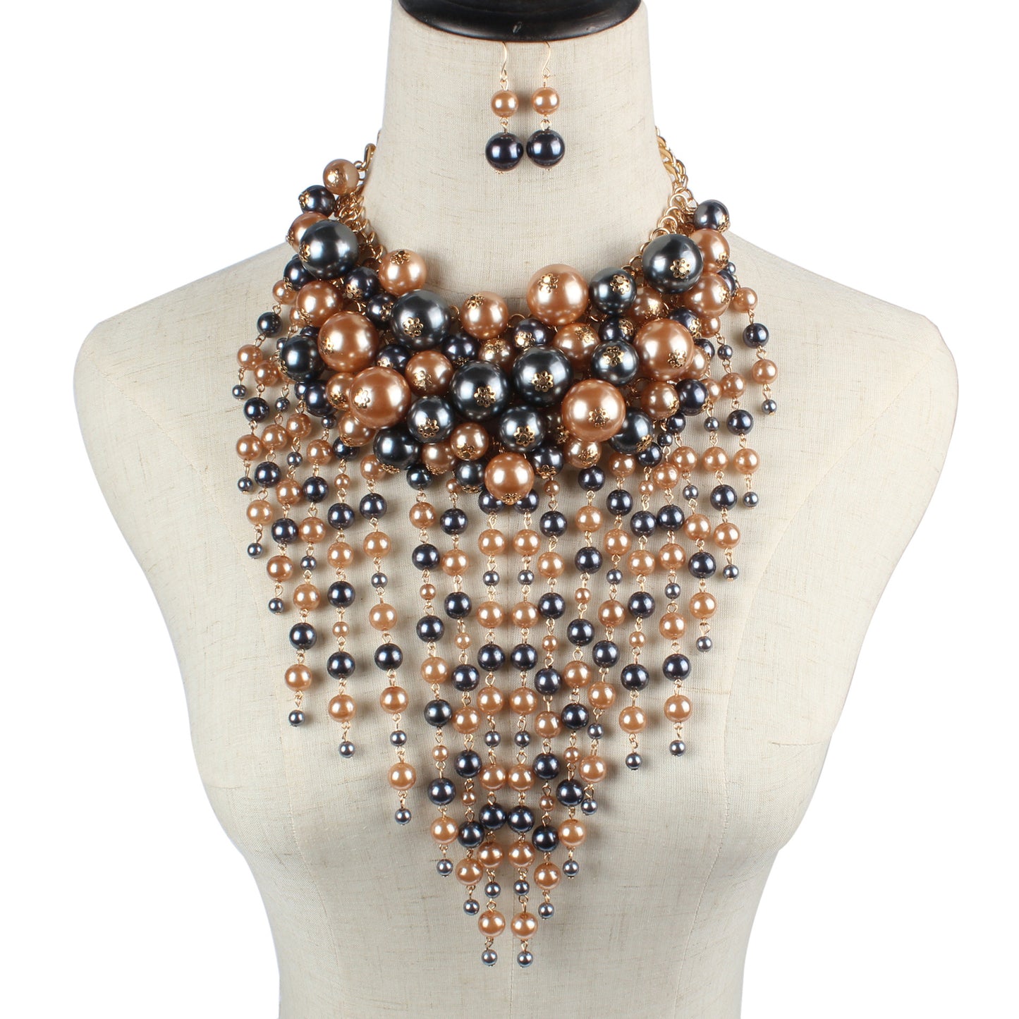 Multi-Layer Imitation Pearl Tassel Statement Necklace and Earrings Set