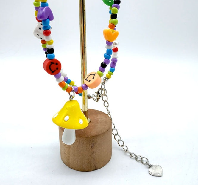 Handmade Rice Beaded Rainbow and Mushroom Clavicle Chain Necklaces