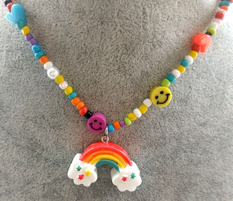Handmade Rice Beaded Rainbow and Mushroom Clavicle Chain Necklaces