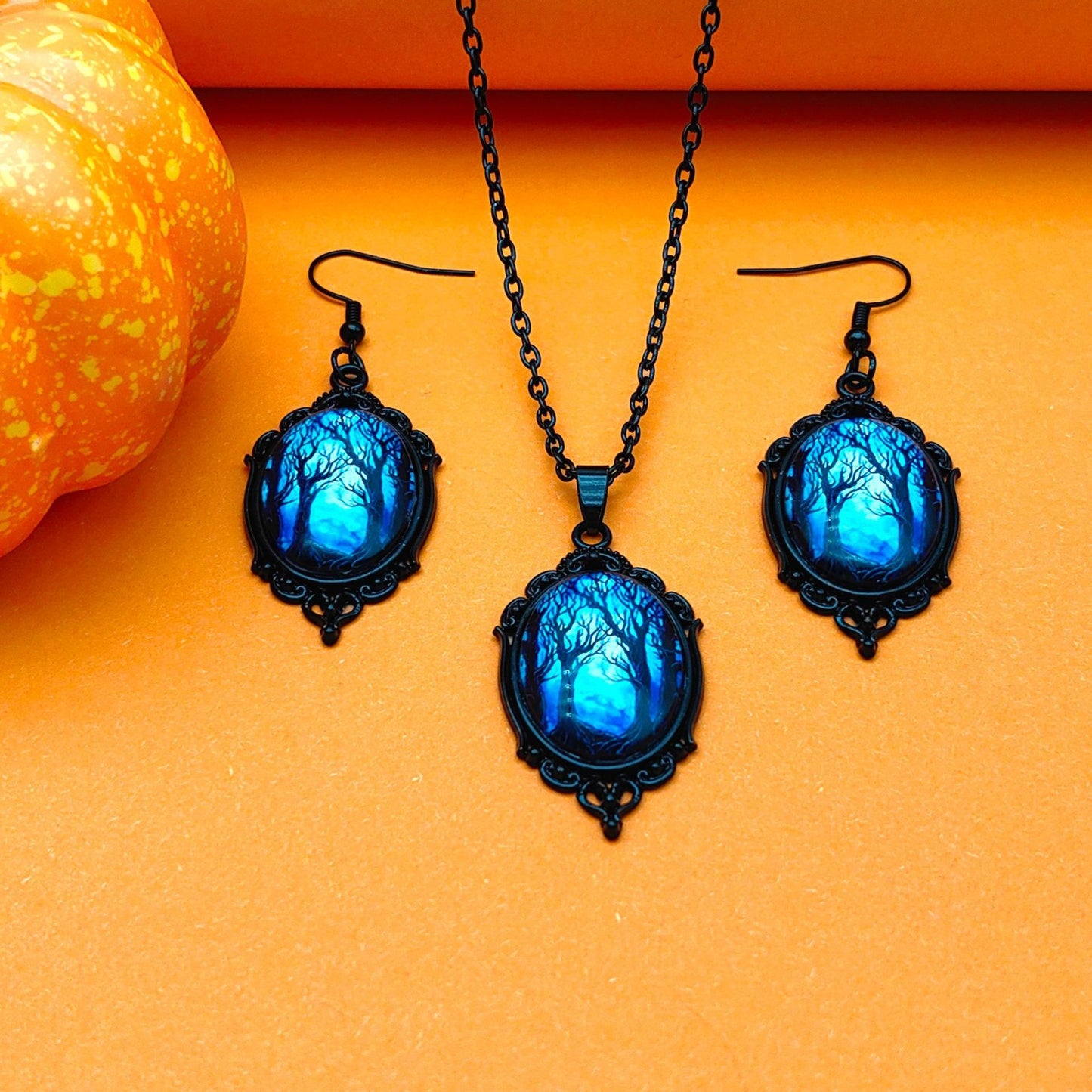 Vintage Halloween Tree Of Life And Witch Necklace and Earrings Sets