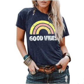"Good Vibes" - Rainbow Pattern Printed Short-sleeved T-shirts