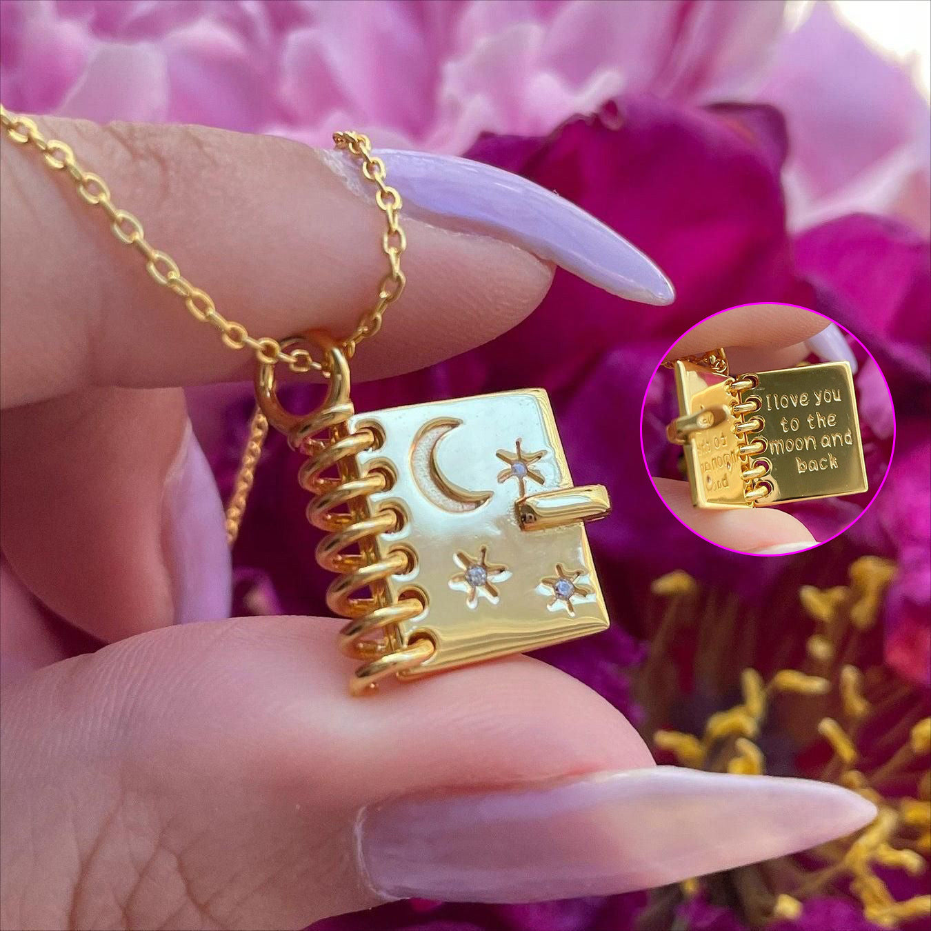 "Love, Stars & Moon" - Openable Book-shaped Necklace