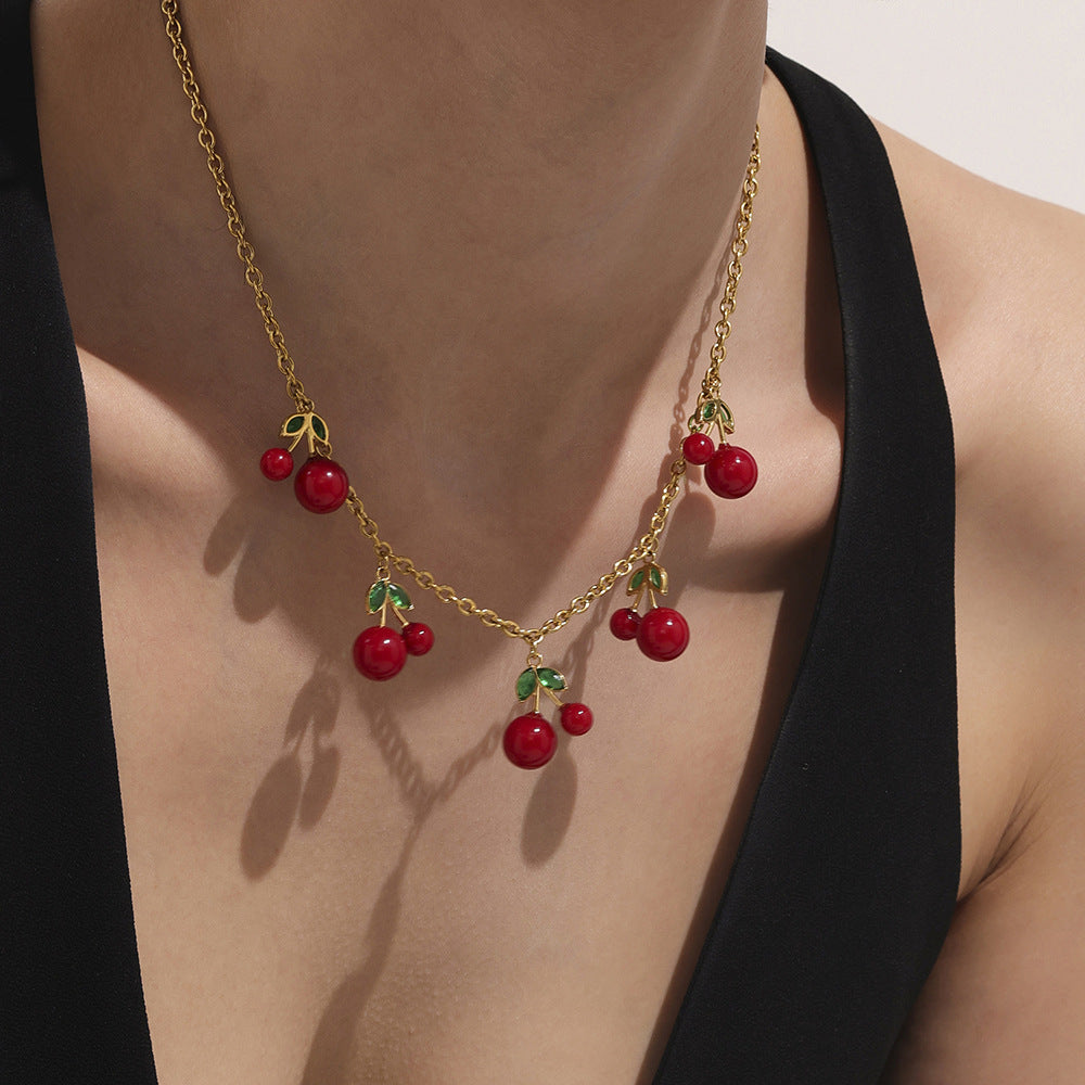 Stainless Steel Cherry Charm Necklace and Bracelet
