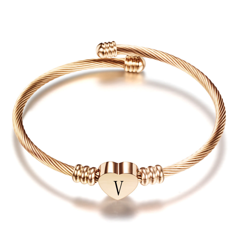 Initial Letter Heart Stainless Steel Bracelet