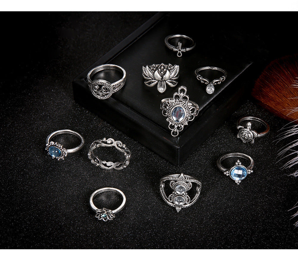 "Turtle, Cross, and Lotus" - Bohemian Ring Set