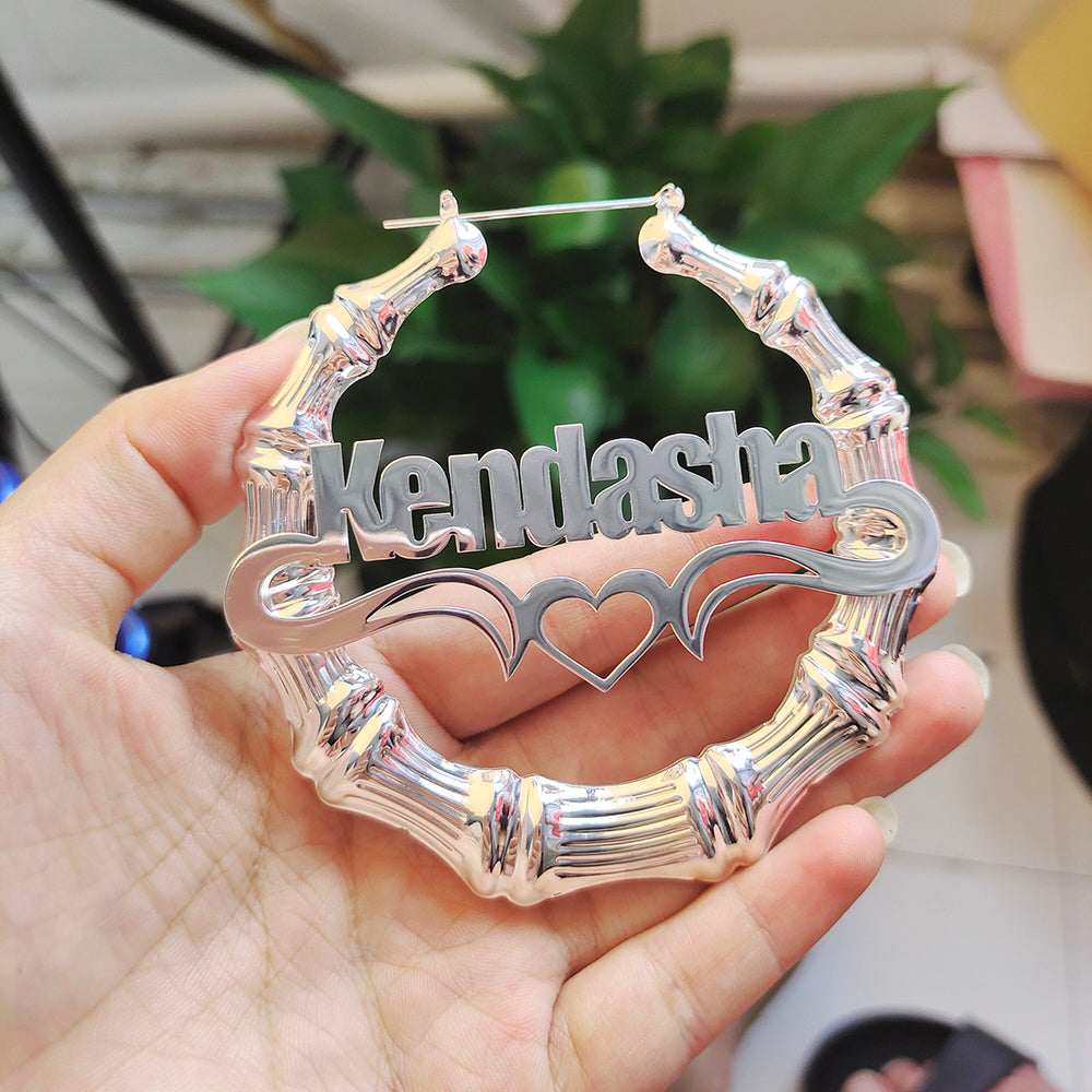Round Bamboo Custom Name Hoop Earrings