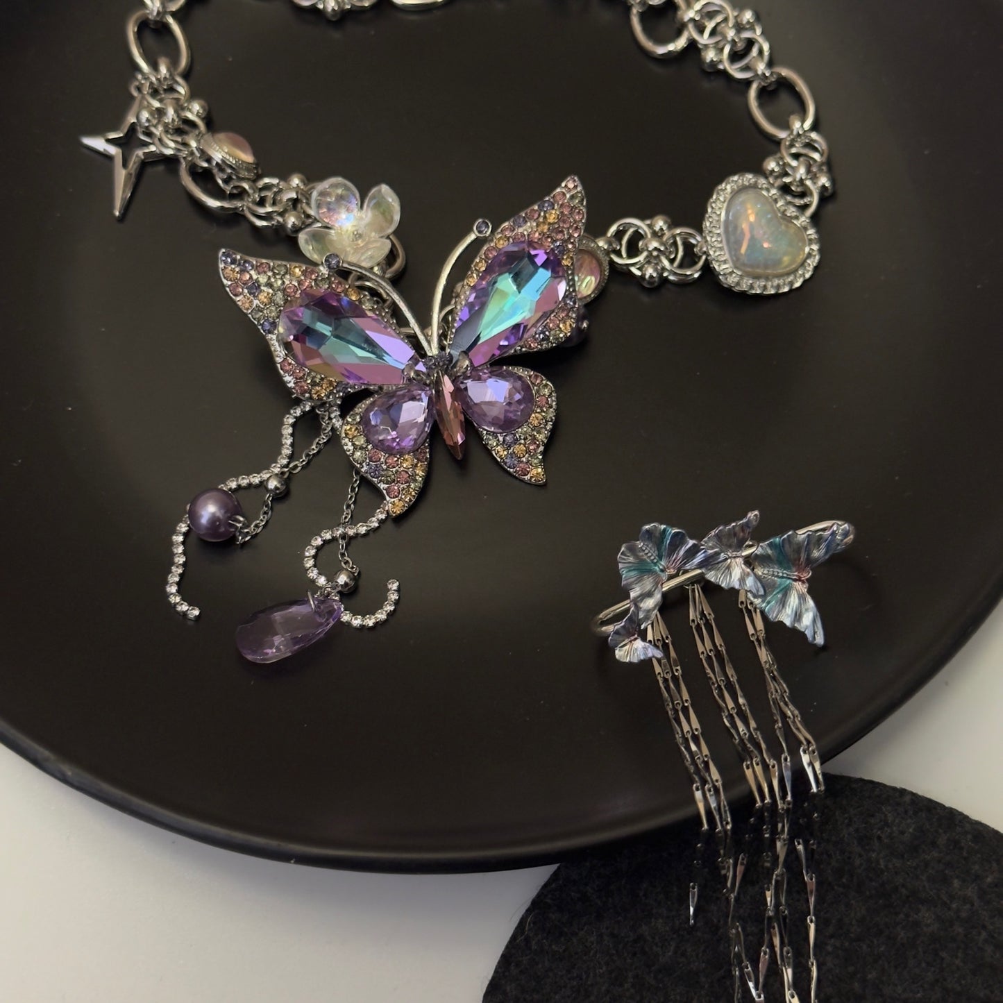 "Shimmy Butterfly" - Shimmering Purple Butterfly Necklace and Ear Piece