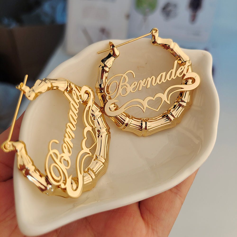 Round Bamboo Custom Name Hoop Earrings