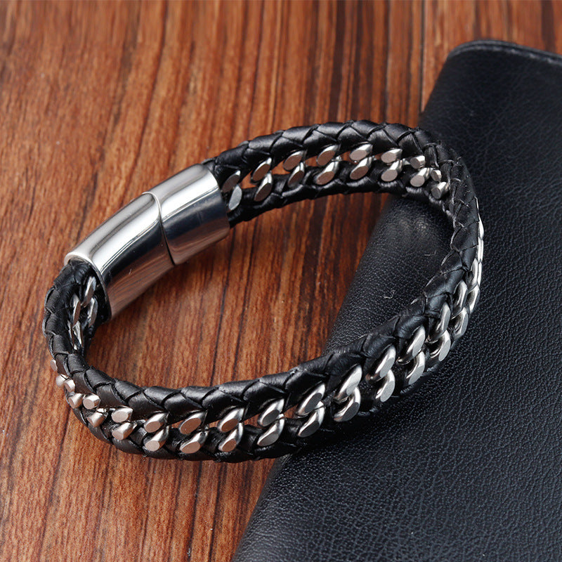 Polished Titanium Steel Leather Bracelet