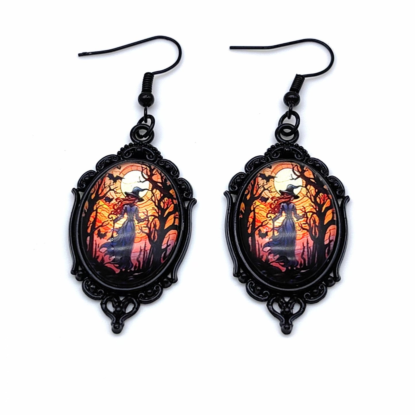 Vintage Halloween Tree Of Life And Witch Necklace and Earrings Sets