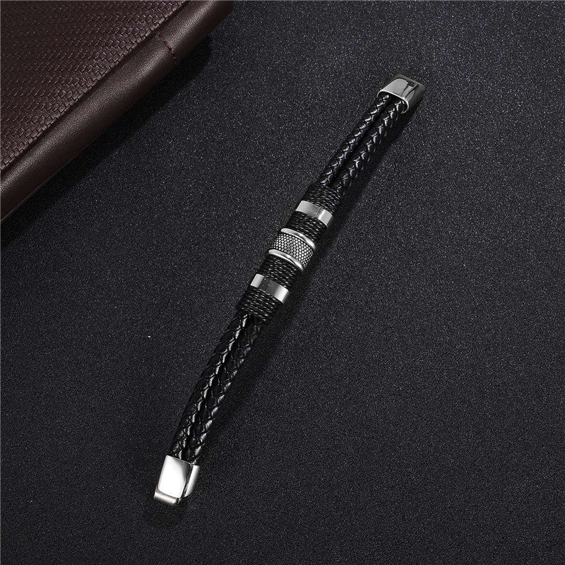 Woven Leather Titanium Stainless Steel Bracelet