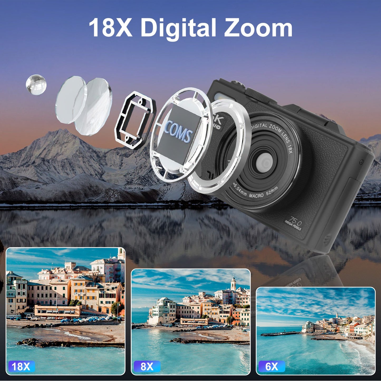 Anti-shake 1Pc 5K 75MP Digital Camera For Photography/Vlogging Video Camera With 9 Shooting Modes 18X Zoom Fill Light Webcam Function 2 Batteries 32G MMC Card 180Degree Flip IPS Screen