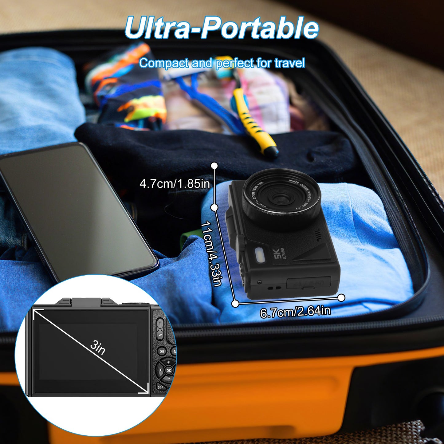 Anti-shake 1Pc 5K 75MP Digital Camera For Photography/Vlogging Video Camera With 9 Shooting Modes 18X Zoom Fill Light Webcam Function 2 Batteries 32G MMC Card 180Degree Flip IPS Screen