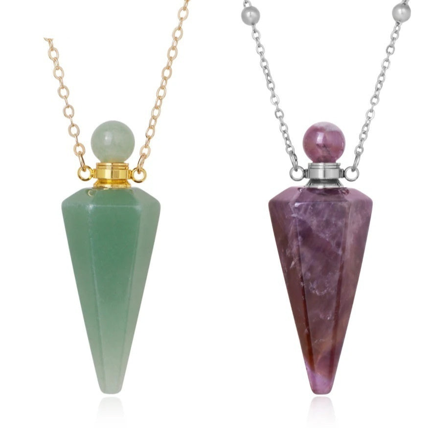 Hexagonal Natural Crystal Cone Perfume Bottle Necklaces