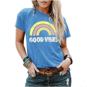 "Good Vibes" - Rainbow Pattern Printed Short-sleeved T-shirts