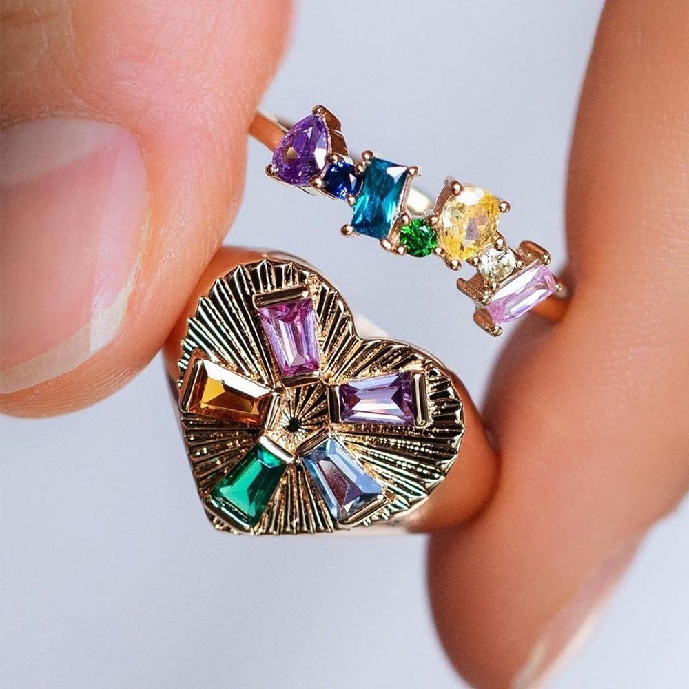 Colorful Crystals Gold Oil Drop Rings