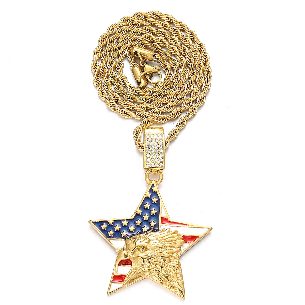 Alloy Diamond-Inlaid Painted National Flag Eagle Pendant Necklace