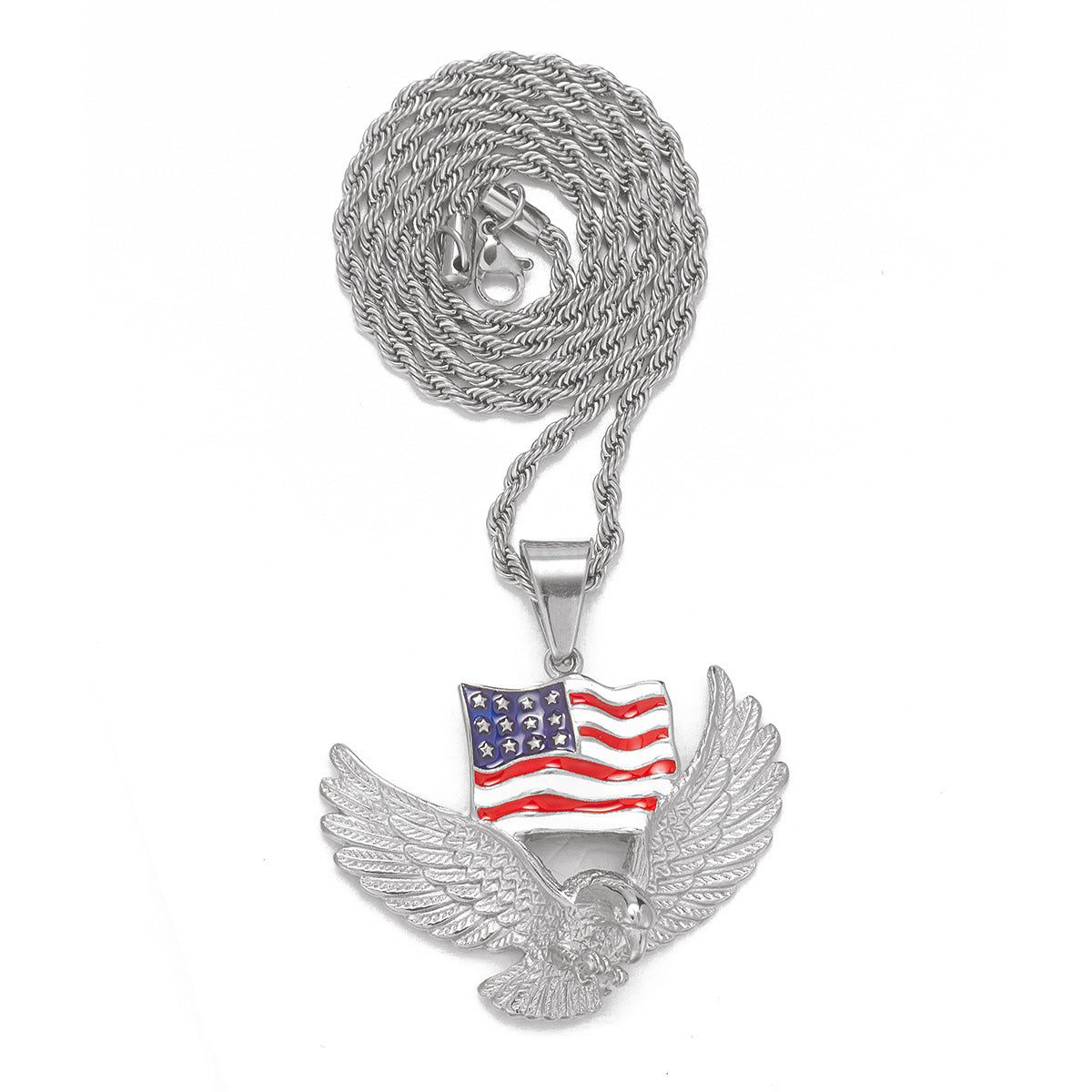 Alloy Diamond-Inlaid Painted National Flag Eagle Pendant Necklace