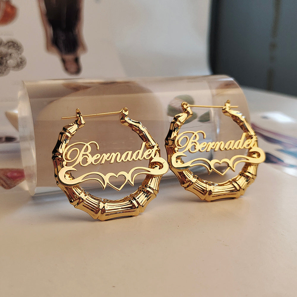 Round Bamboo Custom Name Hoop Earrings