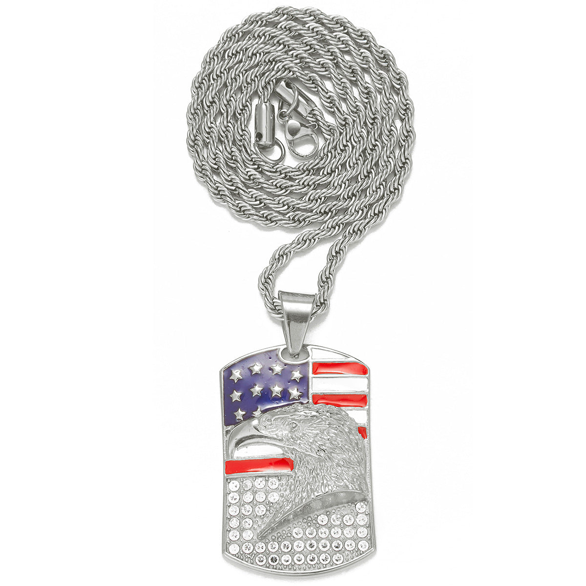 Alloy Diamond-Inlaid Painted National Flag Eagle Pendant Necklace
