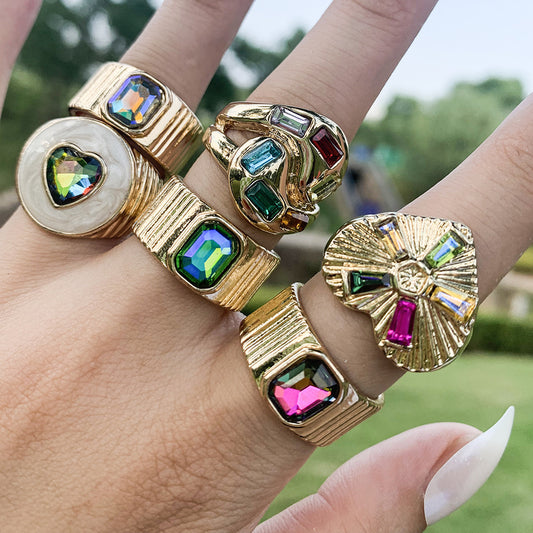 Colorful Crystals Gold Oil Drop Rings