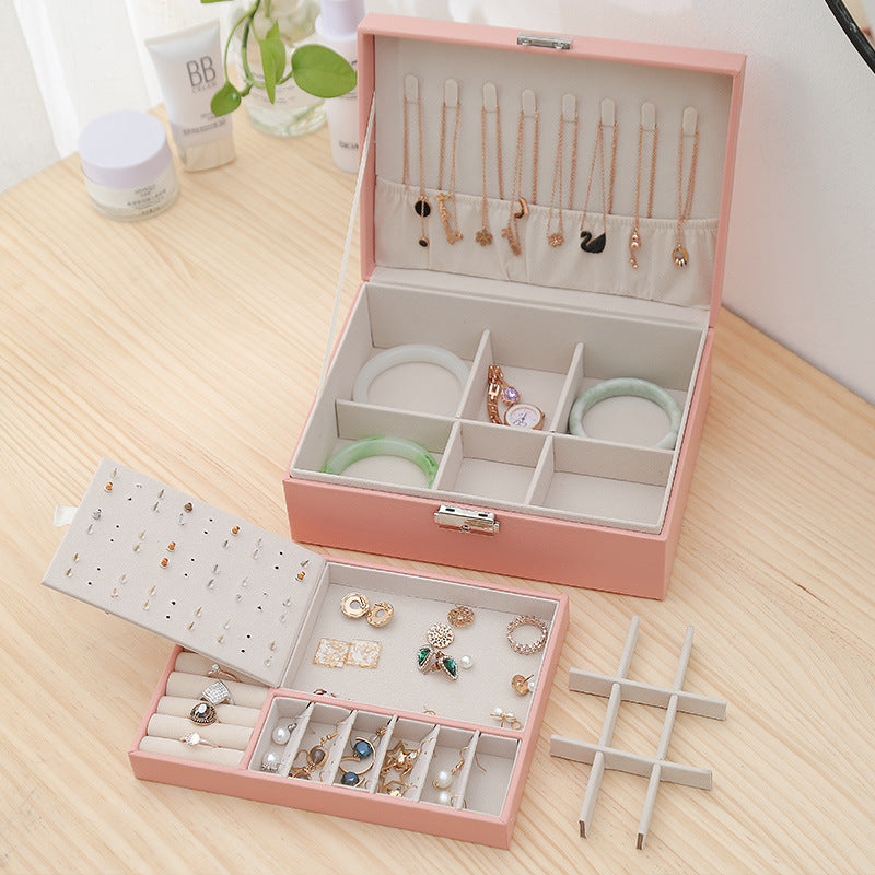 Pink Leather Double-Layered Jewelry Box