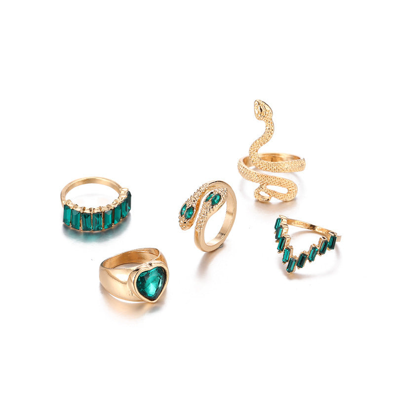 "Emerald Love" - Snake-shaped Five-piece Bohemian Rings
