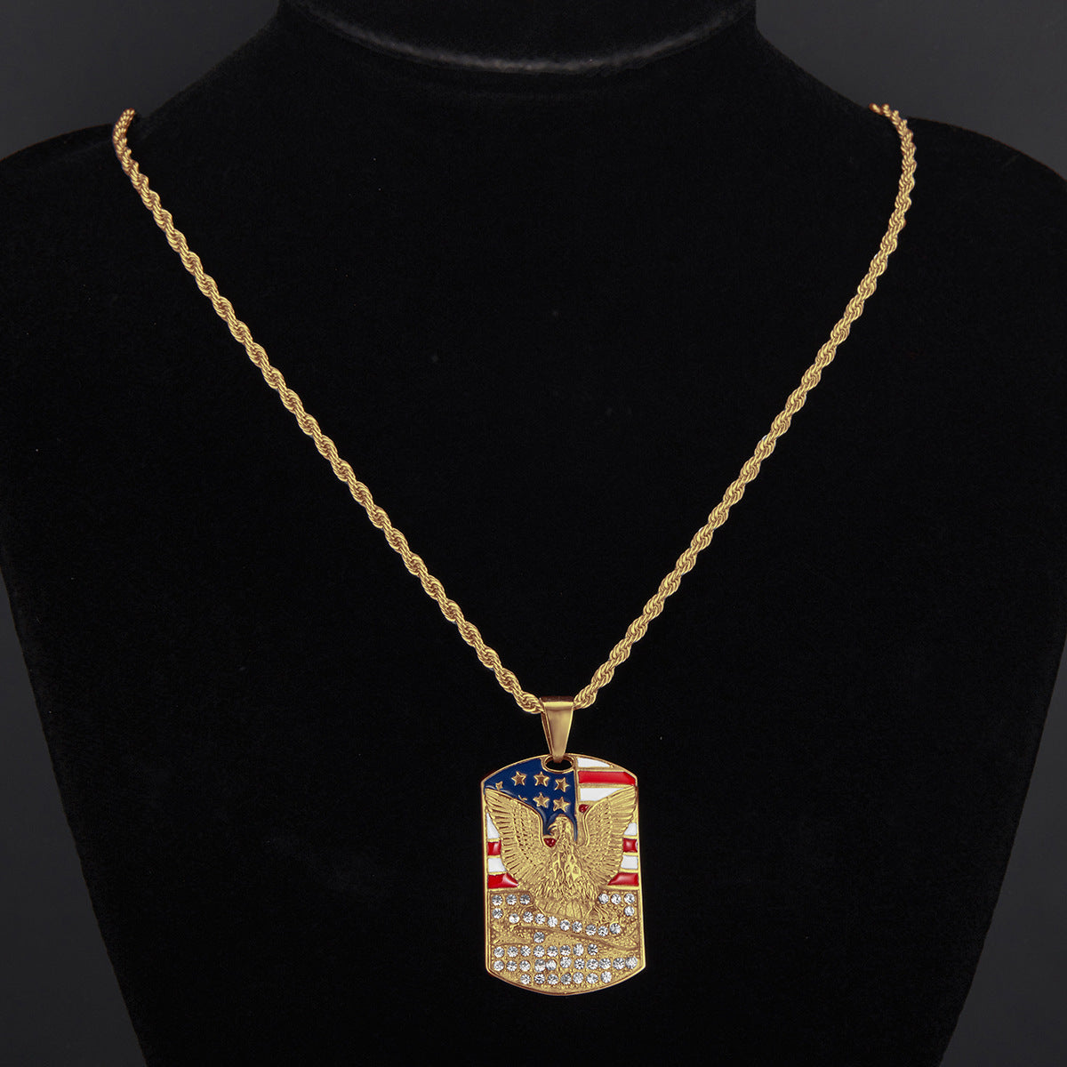 Alloy Diamond-Inlaid Painted National Flag Eagle Pendant Necklace