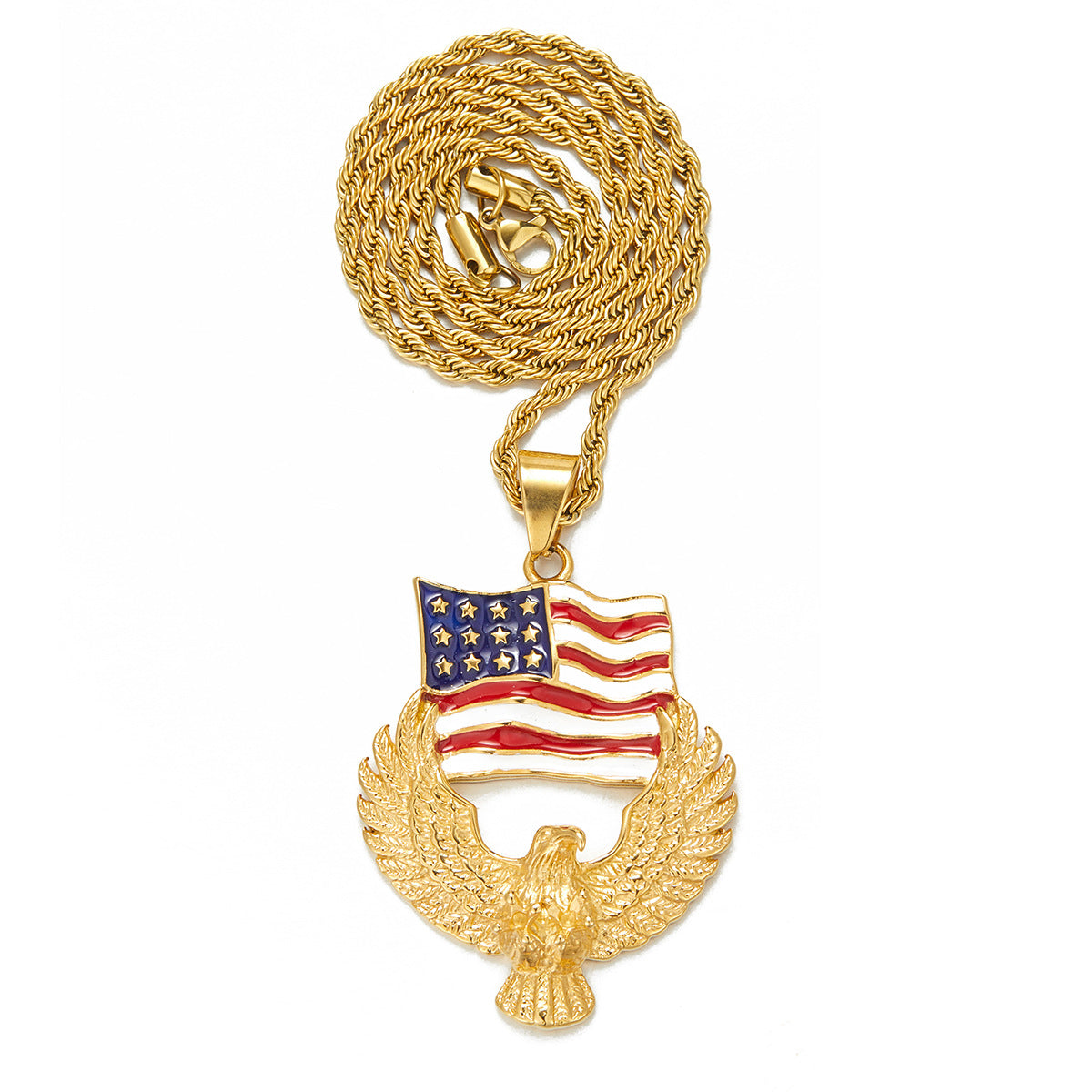 Alloy Diamond-Inlaid Painted National Flag Eagle Pendant Necklace
