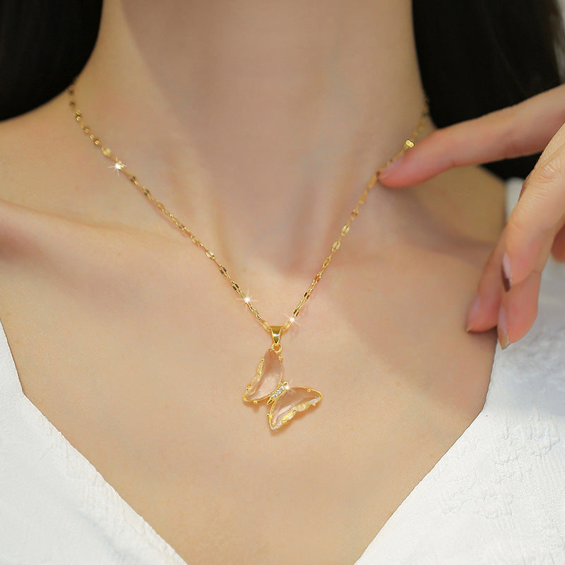 Crystal Zircon Butterfly Pendant Necklace