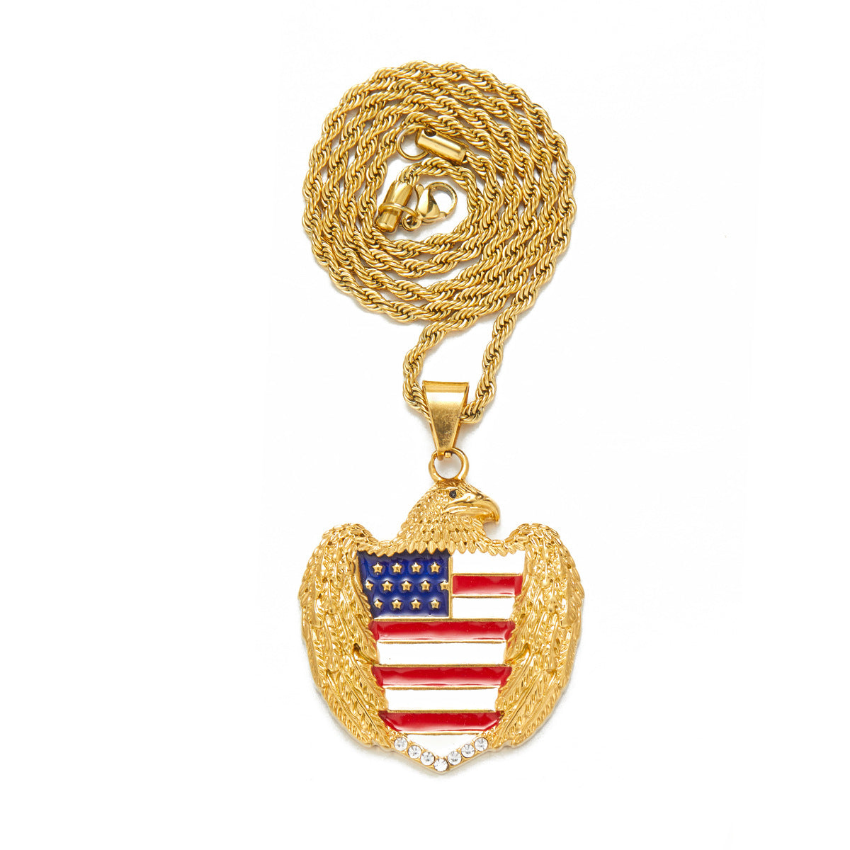 Alloy Diamond-Inlaid Painted National Flag Eagle Pendant Necklace